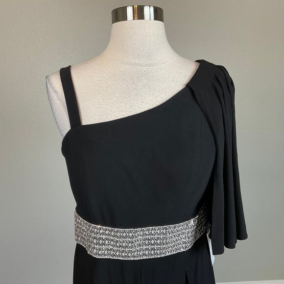 R&M Richards Women's Jumpsuit Size 10 Black Beaded One-Shoulder Wide Leg Pant - Picture 7 of 13